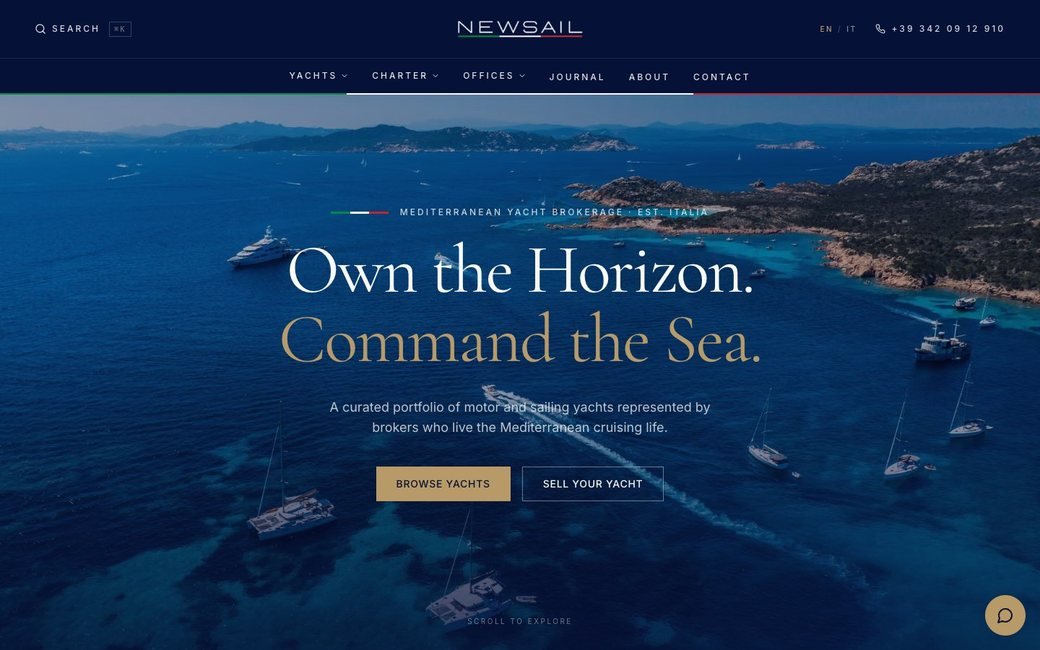 NewSail yat brokerliği sitesinin açılış ekranı